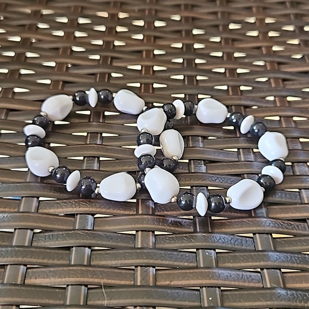 Pair of Monochrome Black & White Beaded Stretch Bracelets Chunky